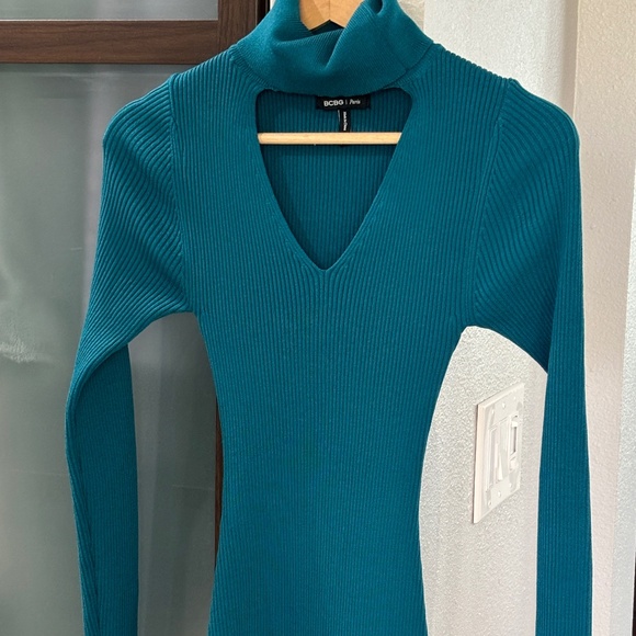BCBG Paris Ribbed Knit Bodycon Sweater Dress - Teal Green Size XS - Picture 3 of 8